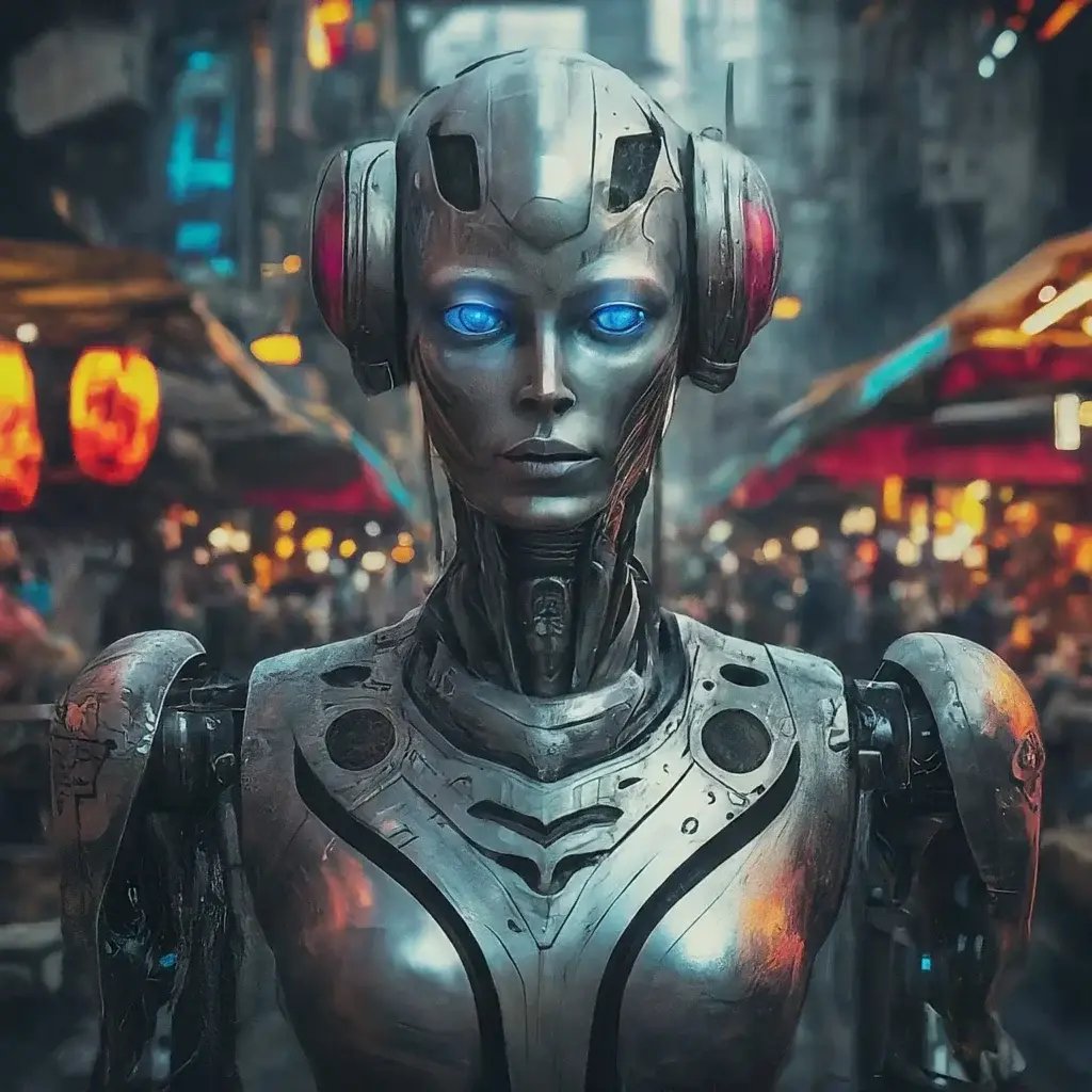 AI sentient robot in futuristic city